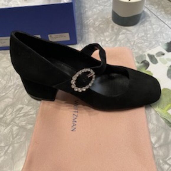 STUART WEITZMAN Sloane 60 Black Suede with Crystal Buckle Size 7.5 - Picture 1 of 7